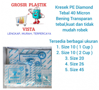 Kantong Plastik Kresek PE Diamond Bening Ukuran 20. Tebal 40 Micron, Bening Transparan, Tebal, Kuat dan Liat